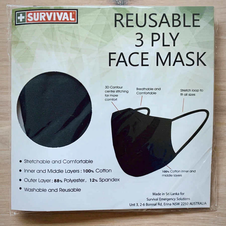 3ply Reusable, Washable Cloth Face Mask, S-M, Black