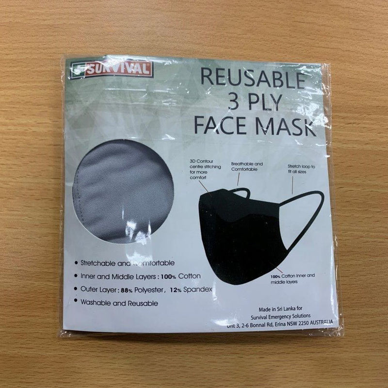 3ply Reusable, Washable Cloth Face Mask, S-M, Grey